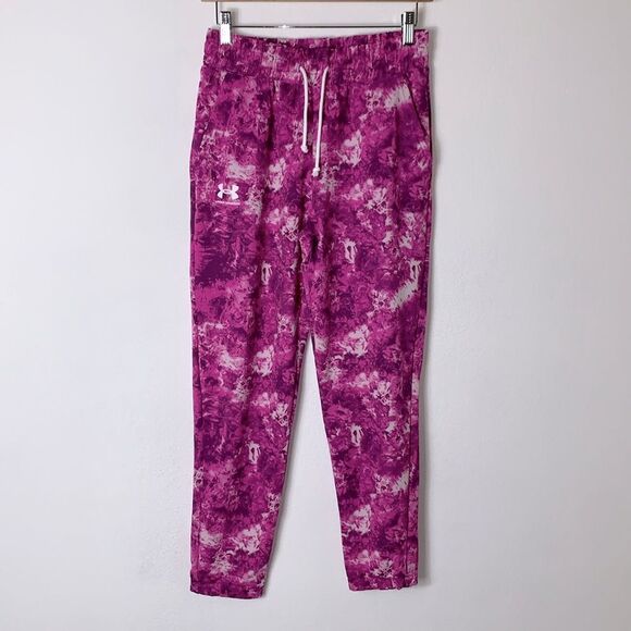 NWT Women’s Under Armour Rival Terry Print Loose Fit Pink Jogger Sweatpants XS - Picture 1 of 10